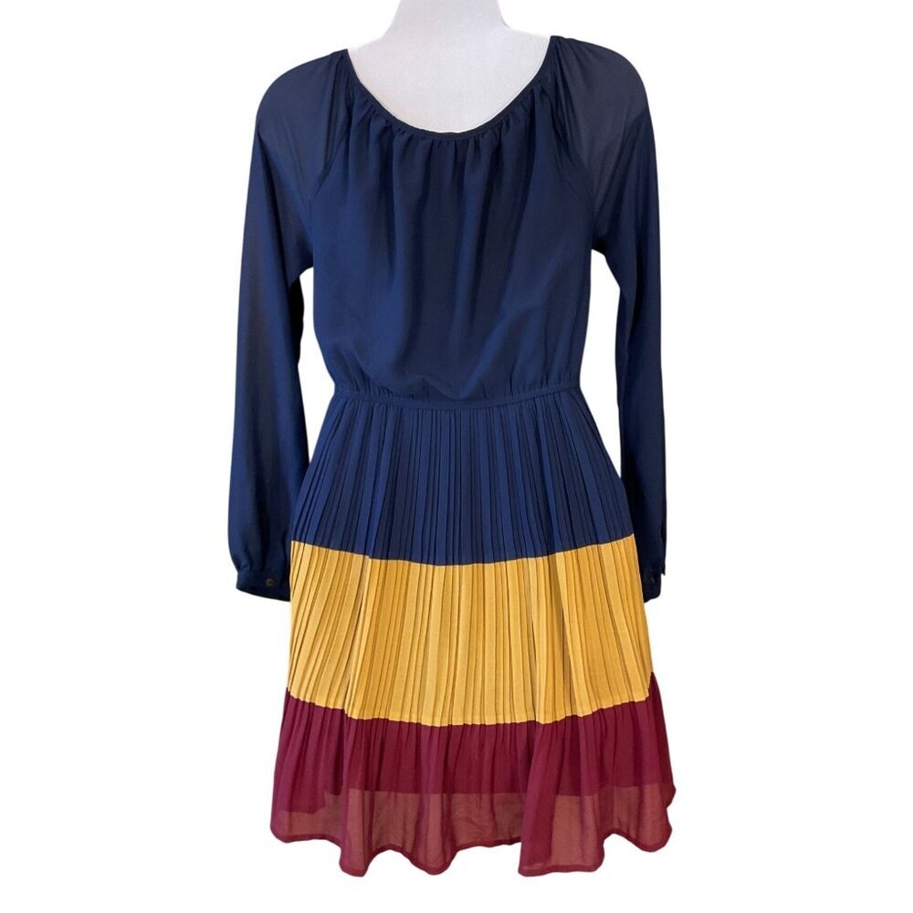 Double Zero Long Sleeve Tie Neck Lined Faux Wrap Pleated Colorblock Dress Small - Picture 4 of 8